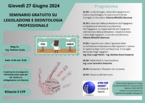 27/06/2024 SEMINARIO GRATUITO SU LEGISLAZIONE E DEONTOLOGIA PROFESSIONALE – 5 CFP
